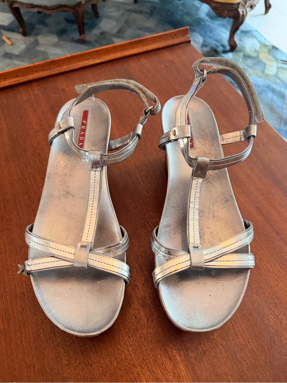 Prada Silver Metallic Leather T-Strap Sandals